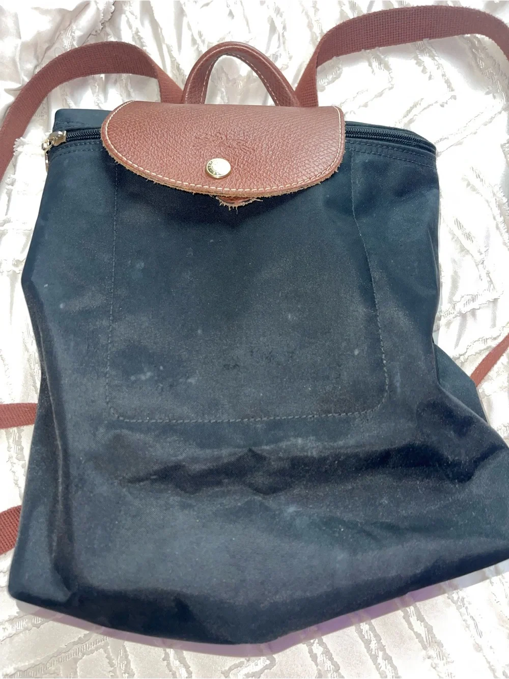 Longchamp Black Nylon Mini Backpack with Brown Leather Trim